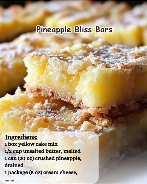 Easy Quick Recipes | Pineapple Bliss Bars | Facebook Bliss Bars Recipe, Easy Quick Recipes, Recipes Pineapple, Bliss Bars, Pineapple Delight, Bliss Bar, Pineapple Desserts, Bars Recipe, Crushed Pineapple