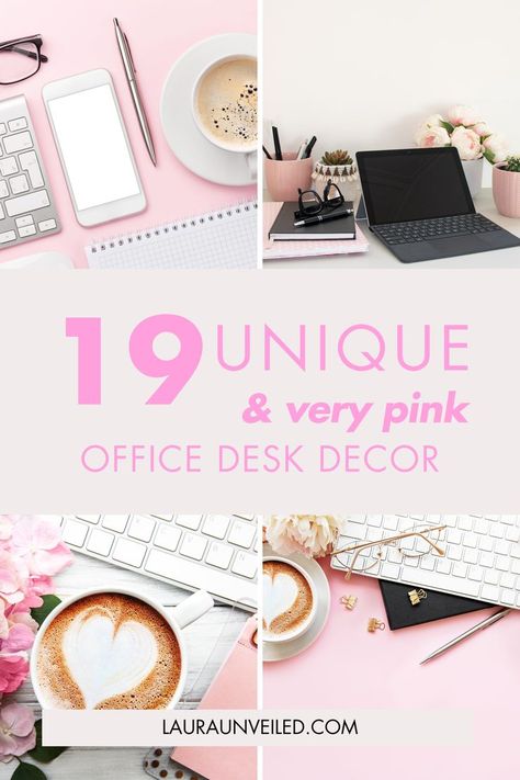 a pin that says in a large font 19 Unique & Very Pink Office Desk Decor Pink Desk Decor Work Spaces, Pink And White Office Ideas, Beautiful Offices For Women, Pink Aesthetic Office, Pink Office Decor Ideas, Girly Desk Setup, Pink Cubicle, Office Ideas Pink, Pink Home Office Ideas