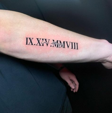 Roman Numerals Memorial Tattoo Roman Numeral Tattoo For Lost Loved One, Memorial Tattoo For Boyfriend, Remembrance Tattoo Ideas, In Remembrance Tattoos, Memorial Tattoos For Men, Roman Numeral Tattoo Men, Mom Tattoos For Guys, Dad Memorial Tattoo, Memorial Tattoo Ideas