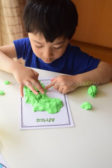 Working on the Africa Continent Playdough Mat World Continents, Continents Activities, Geography Lesson Plans, Africa Day, Africa Continent, Geography For Kids, Geography Activities, Family Day Care, Preschool Lesson Plans