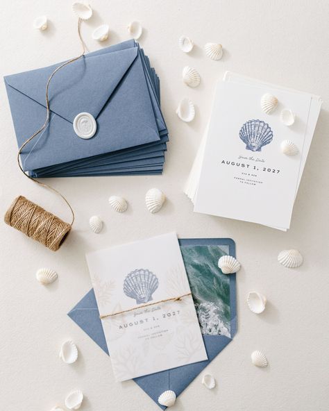 A closer look at our ocean-themed Save the Date 🌊 🐚 She’s called ‘Marblehead’ and we created her for all those couples out there who simply can’t get enough of that beach life 🏖️ The Save the Date is adorned with a blue watercolor seashell. As you can see in the other photos we’ve also created a sea shell vellum wrap to compliment it perfectly. If you really want to up your save-the-date game why not pair it with some dusty blue envelopes 💙, an ocean-themed envelope liner 🌊, and jelly fish... Sea Theme Wedding, Ocean Wedding Theme, Reception Timeline, Wedding Reception Timeline, Theme Wedding Invitations, Vellum Wrap, Seashell Wedding, Blue Envelopes, Wedding Girl