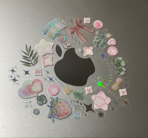 pink and green stickers on a clear macbook case Chromebook Stickers Aesthetic, Cute Macbook Case Laptop Covers, Macbook Sticker Case, Laptop Case Decoration, Aesthetic Laptop Decoration, Macbook Case Aesthetic Stickers, Mac Stickers Aesthetic, Laptop Sticker Inspo Aesthetic, Macbook Case With Stickers