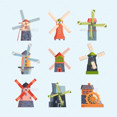 Water Mill Illustration, Windmill Illustration, Vector Building, Voxel Art, Set Building, Double Dutch, Casual Art, Dutch Windmills, Water Mill