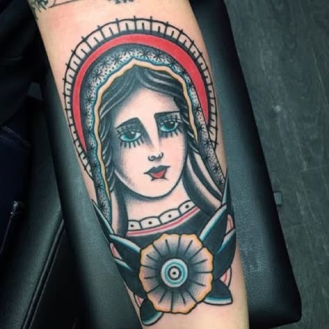 Old School Virgin Mary Tattoo, American Traditional Virgin Mary Tattoo, Traditional Virgin Mary Tattoo, Tattoo Virgin Mary, Mother Mary Tattoo, Virgin Mary Tattoos, Mary Tattoos, Mother Mary Tattoos, Saint Tattoo