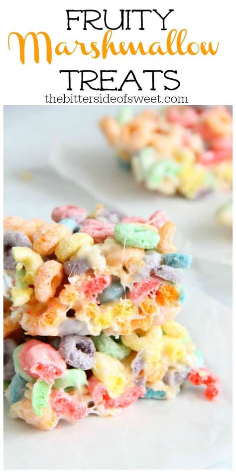 Fruity Marshmallow Treats is the perfect ooey gooey treat! Made with your favorite version of cereal and lots of buttery marshmallow goodness! | The Bitter Side of Sweet #stpatricksday #snack #cereal #marshmallow Marshmallow Treats Recipe, Fruity Pebbles Treats, Trix Cereal, Fruity Treats, Krispie Treats Recipe, Marshmallow Treats, Cereal Treats, Bake Recipes, Recipes With Marshmallows