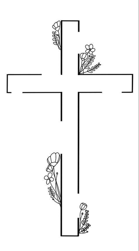 Cross Outline Tattoos For Women, Cross And Date Tattoo, Flower Cross Drawing, Cross Doodles Simple, Cross Drawing Aesthetic, Cross Line Drawing, Simple Cross Drawing, Biblical Line Art, Cross Outline Design