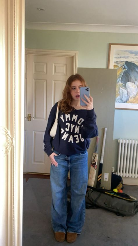 Baggy jeans, off shoulder jumper, Uggs, shoulder bag Baggy Jumper Outfit, Jeans With Uggs, Off Shoulder Jumper, Jumper Outfits, Baggy Jumper, Jumper Outfit, Cold Weather Outfits, Dark Wash Jeans, Wash Jeans