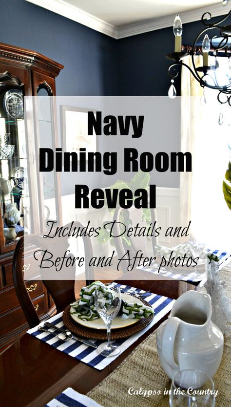 Navy Dining Room Reveal Navy Kitchen Table And Chairs, Navy Wainscoting Dining Room, Dining Room Colors With Dark Furniture, Dark Navy Dining Room Walls, White Blue Dining Room, Navy Ceiling Dining Room, Blue And Tan Dining Room, Traditional Blue Dining Room, Cobalt Blue Dining Room