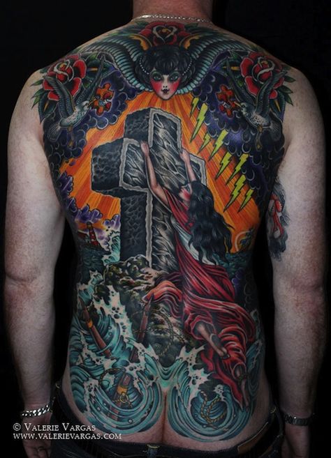 Rock Of Ages Back Piece, Rock Of Ages Back Tattoo, Traditional Backpiece Tattoo, Valerie Vargas Tattoo, Rock Of Ages Tattoo, Backpiece Tattoo, Street Tattoo, Full Back Tattoos, Western Tattoos