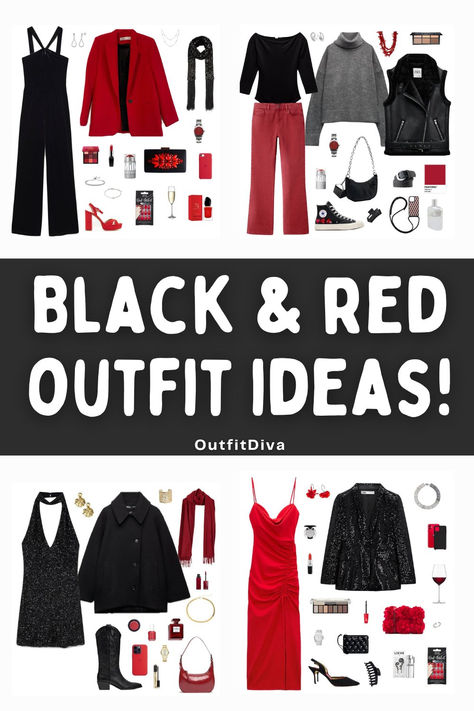 different outfit ideas with black and red colors Red And Black Outfits For Women Classy, Black And Red Outfit Ideas, Outfits For Hijab, Black White Red Outfit, Black And Red Outfit, Red Outfit Ideas, Christmas Choir, Red And Black Outfits, Outfit Modest