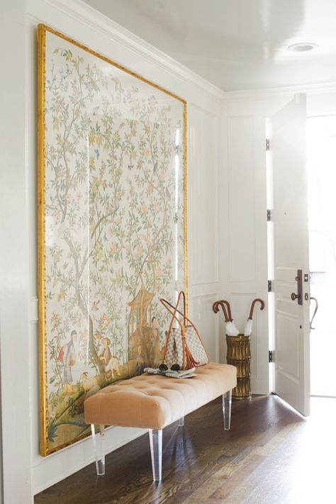 Chinoiserie Entryway, Entry Inspiration, Colonial Cottage, Foyer Decor, Foyer Decorating, Framed Wallpaper, Built In Desk, Neutral Decor, Wallpaper Panels