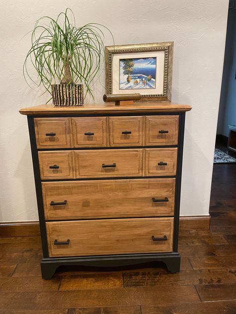 SOLD- DO NOT PURCHASE. shown as example of work. Stunning updated chest of drawers with beautifully finished wood top and drawers stained in walnut with painted black body and modern black hardware.  All finishes are satin sheen.  The drawers are quality dove tail joinery and operate smoothly. This chest is all solid wood, no particle board.  Perfect for beautiful storage anywhere it is needed. Price includes shipping and can be reduced for local pickup in central Oklahoma. Wood Dresser With Black Hardware, Chest Of Drawers Refurbished, Chest Of Drawers Flip, Black And Stained Dresser, Restored Chest Of Drawers, Wood And Painted Dresser, Black Dresser With Wood Top, Black And Wood Dresser, Redone Furniture