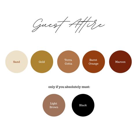 Neutral Earth Tone Color Palette Wedding, Wedding Color Palette For Guests, Neutral Wedding Guest Palette, Fall Wedding Guest Color Palette, Wedding Guest Color Palette, Destination Wedding Guest Attire, Fall Wedding Attire, Brown Wedding Themes, Earth Tone Wedding