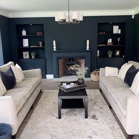 A striking formal lounge with a dark blue painted walls and fireplace. The perfect place to relax. In the home of @our_cheshire_country_home on Instagram. Living Room Design Blue, Blue Walls Living Room, Dark Blue Living Room, Navy Living Rooms, Feature Wall Living Room, Snug Room, Victorian Living Room, Dark Living Rooms, Blue Living Room Decor