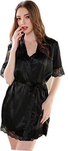 CX Trendy Sexy Elegance Lady Satin Silk Lace Sleepwear 2 Pcs Nightgown Sets M Black -- Check out the image by visiting the link. (This is an affiliate link) #Nightgownsandsleepwears Silk Nighty, Black Silk Robe, Silk Bathrobe, Short Kimono Robe, Very Short Dress, Kimono Robes, Satin Kimono, Night Dress For Women, Lace Silk