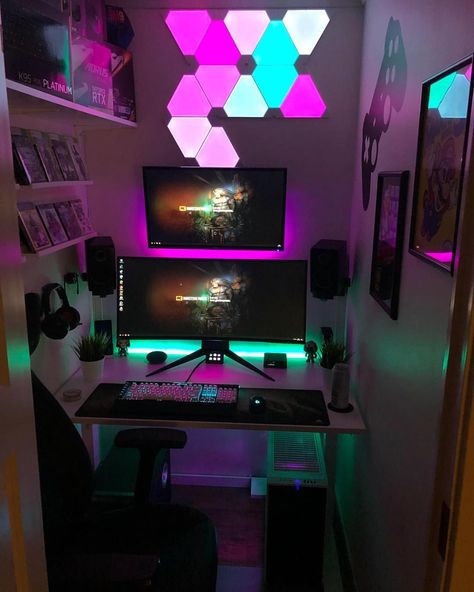 Gaming Room In Closet, Closet Gaming Room, Gaming Setup In Closet, Gaming Closet Setup, Gaming Closet Ideas, Closet Gaming Setup, Minimalist Gaming Setup, Gaming Closet, Neon Computer