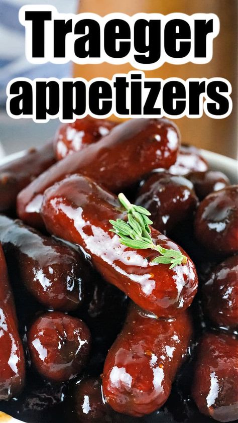 Best Traeger appetizers your guests will love. Want snack smoker recipes for your party? Smoked cheesy bread, bbq smokies, veggies and more. Smoked Little Smokies, Smoked Snacks Recipes, Pellet Grill Appetizer Recipes, Smoked Appetizers Appetizer Ideas, Smoked Finger Foods, Lil Smokies Appetizers, Pellet Smoker Appetizers, Smoker Recipes Sides, Smoker Appetizers Recipes