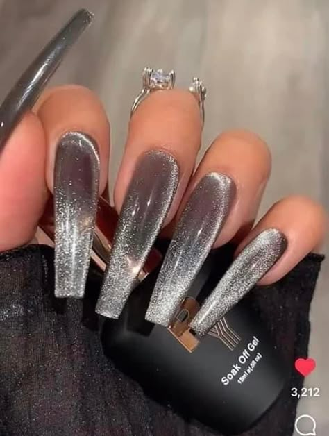 Glitter Reflective Nails, Grey Holographic Nails, Black Shiny Nails, Black Cat Eye Nails, Nail Extensions Acrylic, Eye Nail Art, Cow Nails, Black Acrylic Nails, Drip Nails