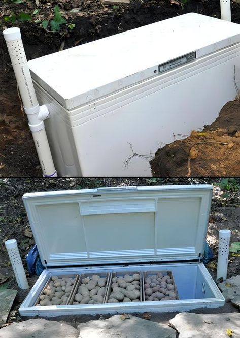 Recycle, Reuse and Repurpose! | Recycle to build your own root cellar using an old refrigerator. | Facebook Old Fridge, Old Refrigerator, Root Cellar, Long Term Food Storage, Porch Steps, Concrete Porch, Shower Tile Designs, Cold Frame, Creative Gardening