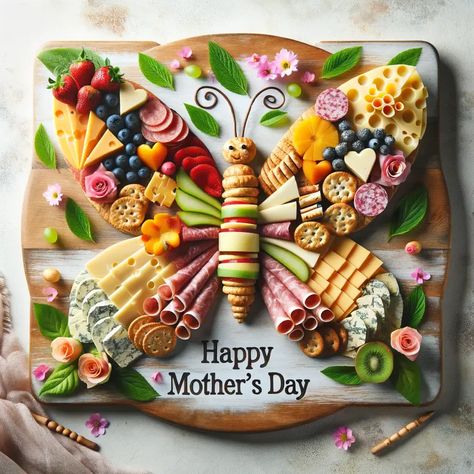 Mother's Day Charcuterie Board Ideas to Honor Mom - Insider Mama | Mom Blog | Mom Life Charcuterie Board Ideas For Mother’s Day, Butterfly Charcuterie Board Ideas, Elephant Charcuterie Board, Pregnant Friendly Charcuterie, Charcuterie Board Butterfly, Butterfly Veggie Tray, Flower Shaped Charcuterie Board, Butterfly Appetizers, Butterfly Shaped Food