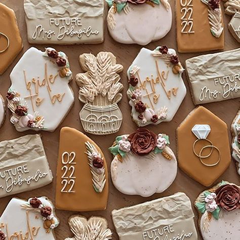 Falling In Love Bridal Shower Theme Food, Boho Fall Wedding Shower Ideas, Cookies For Fall Wedding, Fall Boho Engagement Party, Bridal Shower Themes Fall In Love, Boho Themed Cookies, Falling In Love Bachelorette Party, Fall Bridal Shower Color Schemes, Fall Color Bridal Shower Ideas