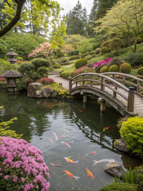 Discover the tranquility of a Japanese garden, where serene wooden bridges span koi-filled ponds and vibrant flowers bloom in harmony. This hidden gem invites you to unwind and connect with nature.  What's your favorite peaceful getaway? Share in the comments! . #travelasia #travel #travelphotography #travelgram #asia #wanderlust #travelblogger #travelblog #asiatravel Pond With Bridge, Japan Bridge, Japanese Koi Pond, Japanese Island, Japan Nature, Beautiful Places In Japan, Japan Garden, Connect With Nature, Japanese Koi