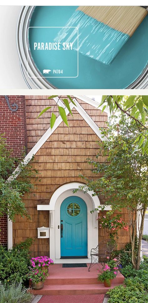 Ombre Front Door, Light Teal House Exterior, Turquoise Front Door Colors, Teal House Exterior Turquoise Front Door Colors, Turquoise Exterior House Paint, Aqua Exterior House Paint, Bright Exterior Door Colors, Sky Blue Front Door, Bright Blue Front Door