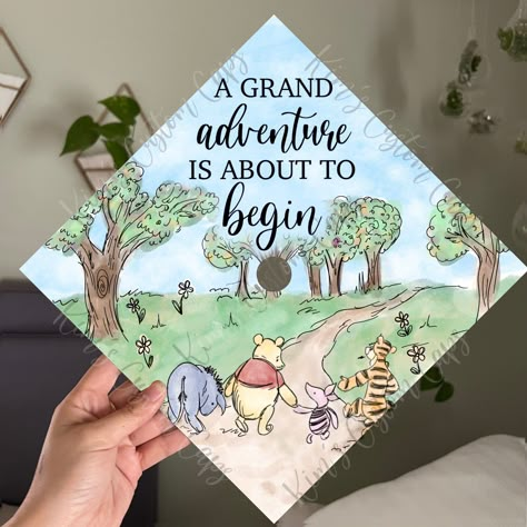 This graduation cap cover is 9.5 x 9.5 inches and will fit any standard adult-sized graduation cap. It is printed on high-quality cardstock paper. The center button hole is cut out in the center of the design to leave an opening for your tassel to wrap around your cap button.  Each design comes with an instruction card on how to easily attach it to your cap. This is a premade design, meaning it is already printed with the quote as pictured and ready-to ship. Absolutely no changes can be made to Snoopy Graduation Cap Designs, Graduation Cap Designs Winnie The Pooh, Princess Bride Graduation Cap, Pooh Graduation Cap, Winnie The Pooh Graduation Cap, Winnie The Pooh Graduation, Pooh Graduation, Graduation Highschool, Senior Year Diy