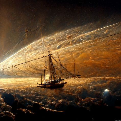 masted schooner in space near jupiter planet