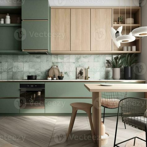 Japandi Kitchen Design Green, Green Kitchen With Wood, Green Japandi Kitchen, Japandi Kitchen Green, Green Kitchen Palette, Contemporary Green Kitchen, Green Kitchen Dining Room, Green Kitchen With Island, Kitchen Green And Wood