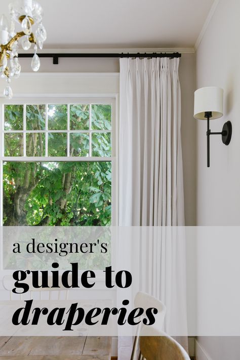 Finally a comprehensive guide to drapery panels, written by interior designers, with everything you need to know about selecting and installing drapery panels in your home! Drapes With Shades, Coastal Drapery Ideas, Curtains With Window Molding, Dining Room Drapery Ideas, Living Room Drapes Ideas Drapery, One Curtain Panel On Window Ideas, Restoration Hardware Dining Room, Luxury Drapery, Linen Drapery Panels