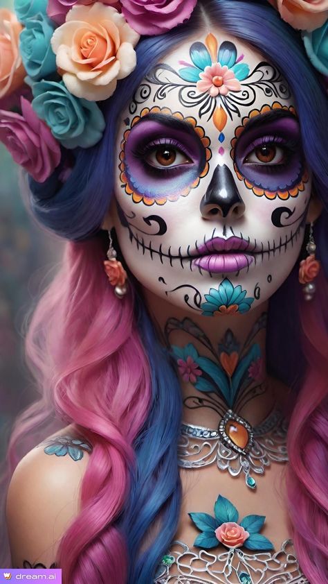 Mexican Sugar Skull Art Beautiful, Sugar Skull Art Painting, Sugar Skull Face Paint, Halloween Makeup Sugar Skull, Skull Face Paint, Den Mrtvých, Sugar Skull Face, Sugar Skull Artwork, Dead Makeup