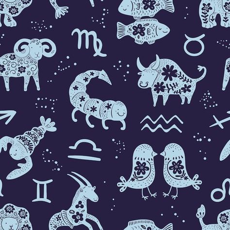 Zodiac signs seamless pattern blue print... | Premium Vector #Freepik #vector #background #pattern #flower #floral Peaceful Backgrounds, About Zodiac Signs, Zodiac Pattern, Funny Birthday Presents, Exotic Mammals, Tropical Animals, Crystal Pattern, Blue Sky Background, Star Constellations