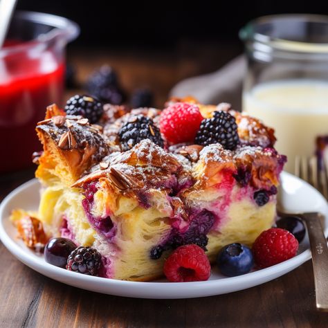 Berry Croissant Breakfast Casserole Fruit Casserole, Breakfast Casserole Dishes, Sweet Breakfast Casserole, Croissant Breakfast Casserole, Flaky Croissants, Baked Breakfast Casserole, Overnight Breakfast Casserole, Croissant Breakfast, Breakfast For A Crowd