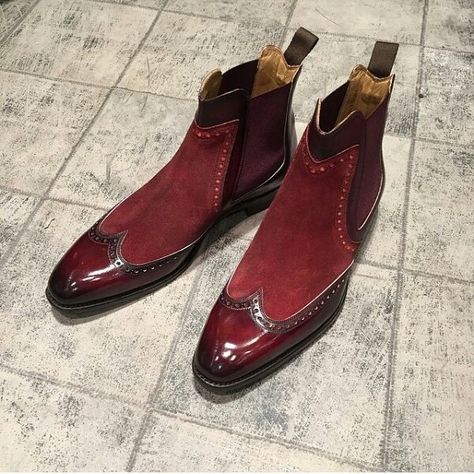 No photo description available. Burgundy Boots Ankle, Quality Leather Boots, Custom Design Shoes, Maroon Leather, Ankle Boots Men, High Ankle Boots, Handmade Leather Shoes, Mens Boots Fashion, Oxford Shoes Men