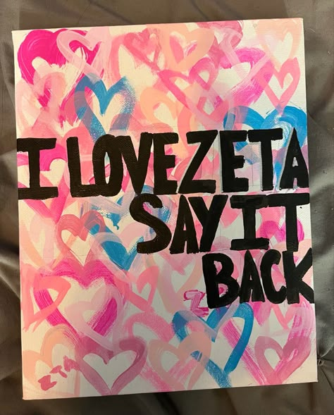 zta canvas with hearts, big little reveal idea, room decor Zeta Canvas Ideas, Zeta Canvas Painting, Zeta Tau Alpha Painting, Alpha Gamma Delta Canvas, Big Little Room Decorations Sorority, Big Little Bed Decorating Sorority, Zta Paintings, Zeta Painting, Dphie Canvases