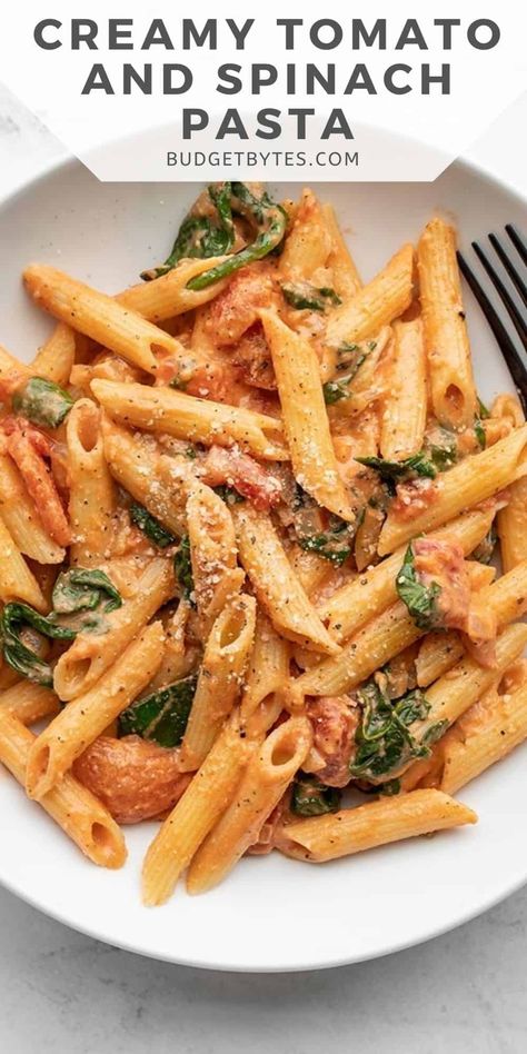 Easier than a box meal, this creamy tomato and spinach pasta is also more flavorful and delicious. Perfect for busy weeknights! Tomato And Spinach Pasta, Spinach Pasta Recipes, Pasta Sauces, Pasta Dinner Recipes, Spinach Pasta, Vegetarian Pasta, Tasty Vegetarian Recipes, Lifestyle Change, Bon Appetite