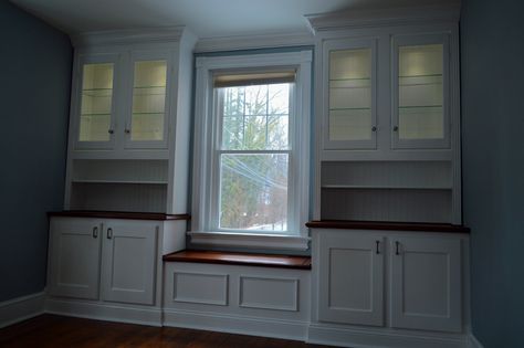 Built In Cabinet Dining Room, Dining Room Built Ins Around Window, Built In Cabinets In Dining Room, Dining Room Built In Cabinets, Dining Room Built Ins, Built In China Cabinet, Dining Room Built In, Window Seating, Built In Buffet