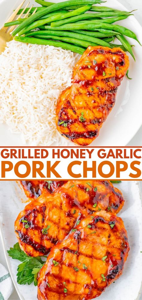 Grilled Honey Garlic Pork Chops - Averie Cooks Avery Recipes, Honey Garlic Marinade, Easy Dinner Recipes Pork, Pork Chop Marinade Recipes, Honey Pork Chops, Honey Garlic Pork, Garlic Pork Chops, Pork Chop Marinade, Garlic Pork