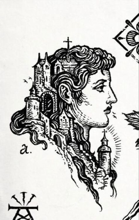 Fantasy city of castles in a portrait of a medieval woman in the style of cross hatching lino cut print. Unknown artist. Medieval Wall Art, Mideaval Tattoo Design, Lino Print Style Tattoo, Medieval Woman Tattoo, Medieval Woman Drawing, Medevil Drawings, Medieval Style Art, Medieval Art Style, Cross Hatching Tattoo