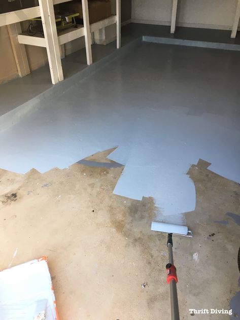 How-to-paint-clean-epoxy-garage-floor - Thrift Diving - 3382 Garage Painting Ideas, Floor Paint Ideas, Concrete Floor Paint Colors, Garage Paint Ideas, Garage Floor Ideas, Garage Floors Diy, Painting Basement Floors, Epoxy Garage Floor, Floor Paint Colors