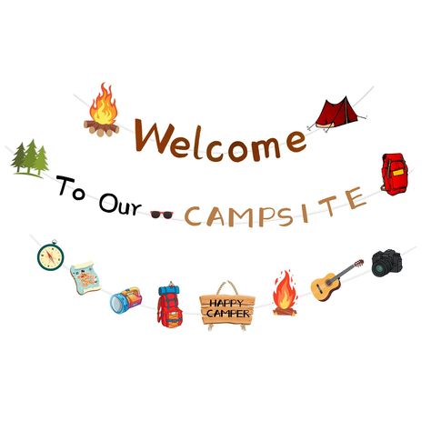 PRICES MAY VARY. Camp Party Decoration: Package includes 1 pc welcome to our campsite banner, 1 pc camper garland, perfect for camp party decoration. High quality materials: Our welcome to our campsite banner decoration is made of high quality thick paper. Sufficient hardness to maintain good plasticity, environmentally friendly materials so that the product will not pollute the environment after use. Wide Applications: The camping banner could also be a camping party photo prop for party photo Camping Theme Preschool Decorations, Campfire Decorations For Classroom, Camping Birthday Board Classroom, Camping Banner Ideas, Camping Hallway Theme, Camping Themed Party Decorations, Camping Banner, Welcome To Our Campsite, Camping Party Decorations