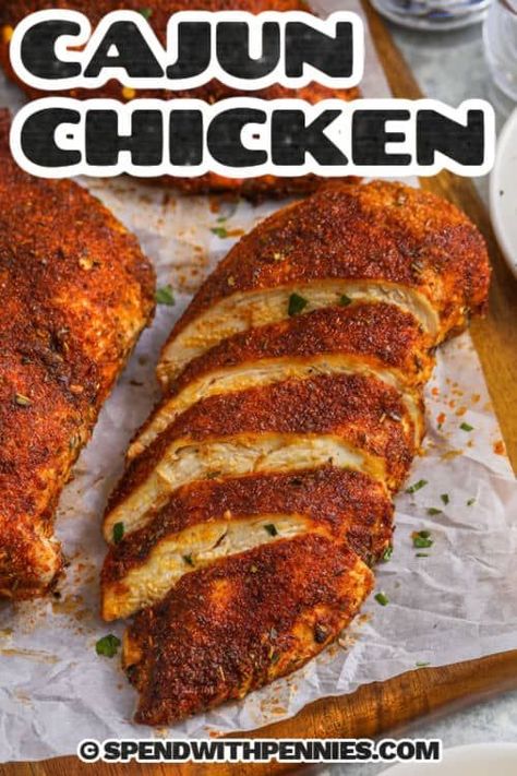 This Cajun chicken recipe produces flavorful, tender chicken breasts in a flash! Prepping this three ingredient dish is a breeze too! Just toss boneless, skinless chicken breasts with oil and Cajun seasoning, and bake until golden and juicy. Make a creamy version with Alfredo sauce. Add sausage or shrimp to the pan for tasty twist on jambalaya. Serve with rice or pasta. #cajunchicken #cajunchickenrecipe #spendwithpennies #cajunchickenpasta Cajun Chicken Recipes For Dinner, Chicken Breast Seasoning Recipes, Chicken Recipes Cajun, Boneless Chicken Breast Recipes Oven, Easy Cajun Chicken, Bbq Truck, Crispy Baked Chicken Legs, Cajun Chicken Breast, Baked Cajun Chicken