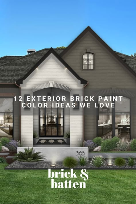 From creating contrast with dark brick and light trim to accenting painted brick with natural elements like wood and stone, there is a wide range of exterior brick paint color ideas that can elevate your home exterior. Here are some of our favorites: https://bit.ly/41hJOyy Brick Home Exterior Paint Ideas, Grey Stone And Brick House Exterior, White Painted Brick And Siding Exterior, Brick Home Painted Exterior Colors, Brown Brick And Siding Exterior Combinations, Exterior White Brick House, Brick And Siding Painted Houses, Brown And Black Brick House, Painted Brick With Tan Siding