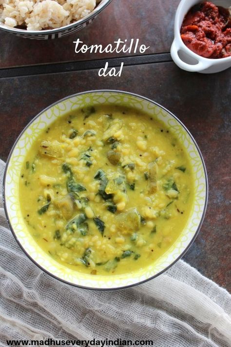 tomatillo dal, tomatillo pappu recipe Corn Tomatillo Recipes, Tomatillo Side Dish, Tomatillo Stew, Tomatillo Recipes Vegan, Vegetarian Tomatillo Recipes, Vegan Tomatillo Recipes, Roasted Tomatillo Recipes, Pappu Recipe, Tomatillo Recipes