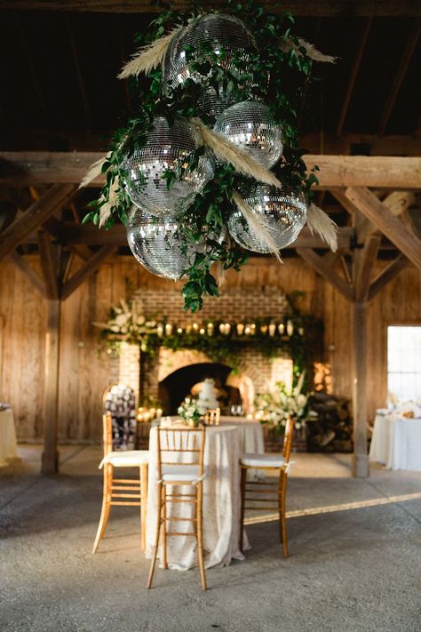 Greenery And Disco Balls Wedding, Disco Farmhouse, Disco Ball Chandelier, Greenery Chandelier, Gala Decor, Wedding Disco, Gala Decorations, Small Restaurant Design, Charleston Bride