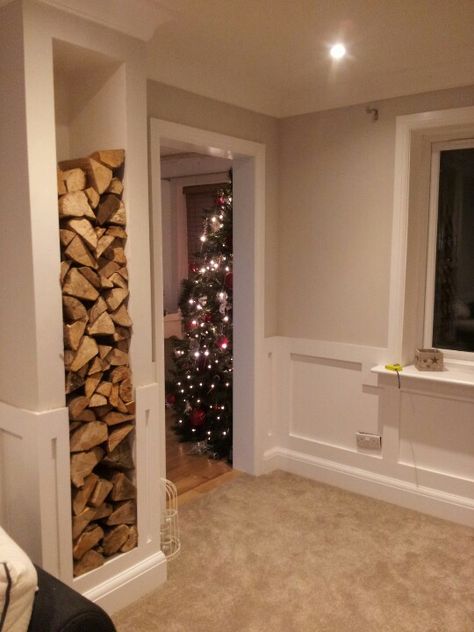 Log store Inside Log Store Living Rooms, Log Burner Storage Living Rooms, Alcove Log Store, Fireplace Ideas Log Burner Wood Storage, Internal Log Store, Indoor Log Storage, Hiw To Make Indoor Log Store, Log Burner Living Room, Wall Fires