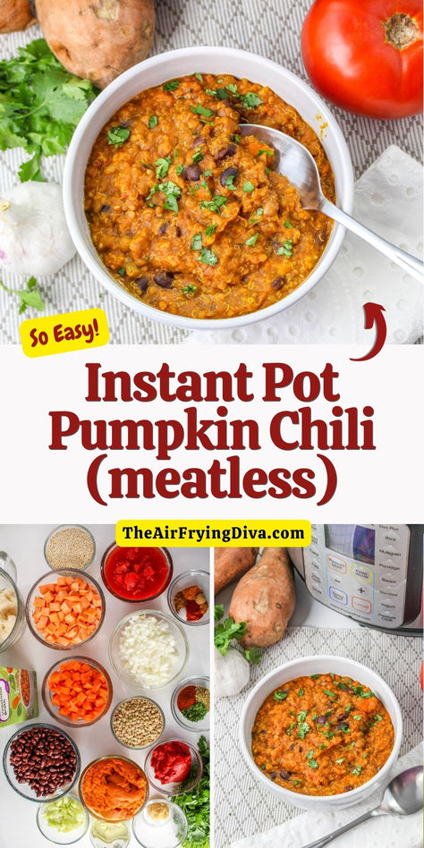 Meatless Instant Pot Pumpkin Chili Recipe Instapot Pumpkin Soup Recipe, Instant Pot Pumpkin Chili, Vegan Chili Instant Pot, Pumpkin Chili Instant Pot, Pumpkin Soup Instant Pot, Vegan Pressure Cooker, Puree Vegetables, Instant Pot Vegan Recipes, Instant Pot Pumpkin