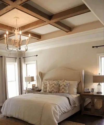 12 Best Tray Ceiling Ideas and Inspiration To Match Your Style ⋆ Tray Ceiling Ideas, Beautiful Bedrooms Master, Wood Beam Ceiling, Bedroom False Ceiling Design, Tray Ceiling, Bedroom Ceiling, Wooden Beams, The Ceiling, Remodel Bedroom