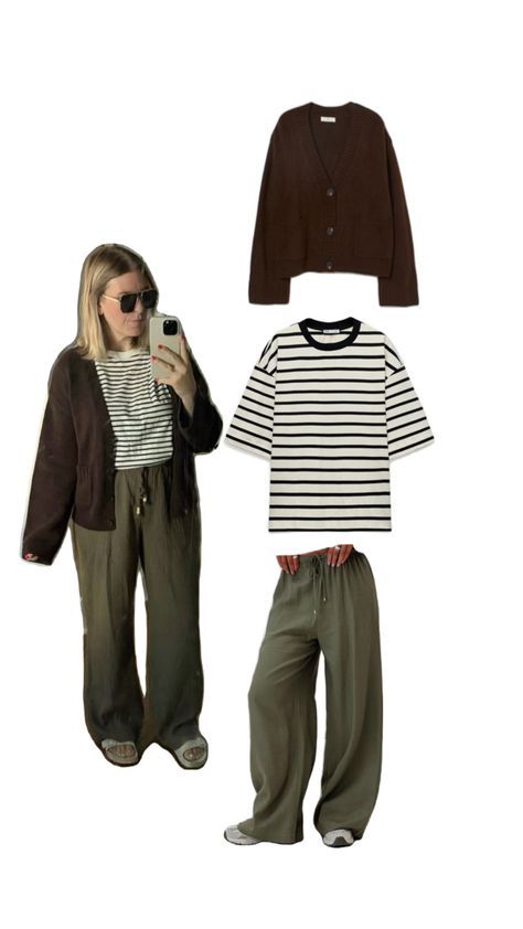 Brown cardigan, striped tshirt, green pants. Early cozy fall outfit. Late Summer Outfit. September outfit. School drop off outfit. Mom style. School Drop Off Outfit Mom, Striped Tshirt Outfits, School Drop Off Outfit, Green Cardigan Outfit, Stripe Pants Outfit, September Outfits, Magic Clothes, Late Summer Outfits, Striped Tshirt